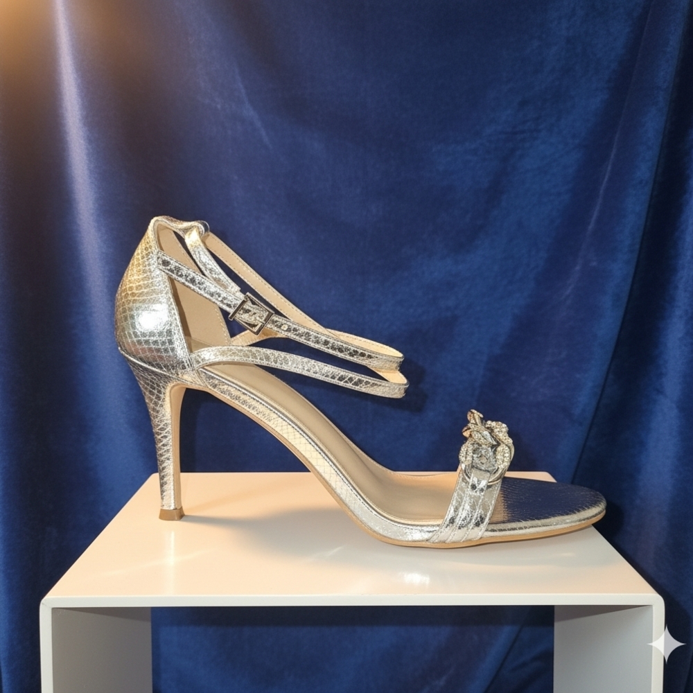 Snake Embossed Silver High Heel With Rhinestone Chain Detail On Sandals